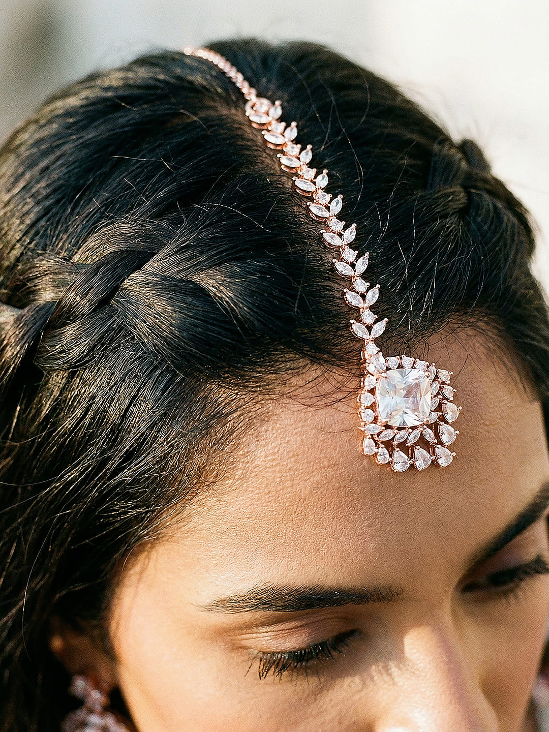 Rose Gold Plated White AD Zircon Studded Minimal Designer Mangtika