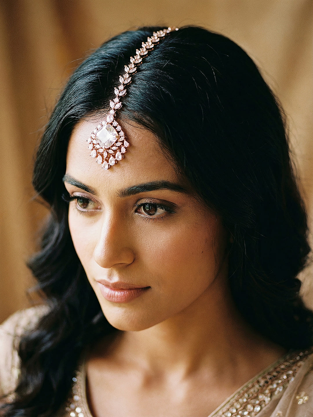 Rose Gold Plated White AD Zircon Studded Minimal Designer Mangtika