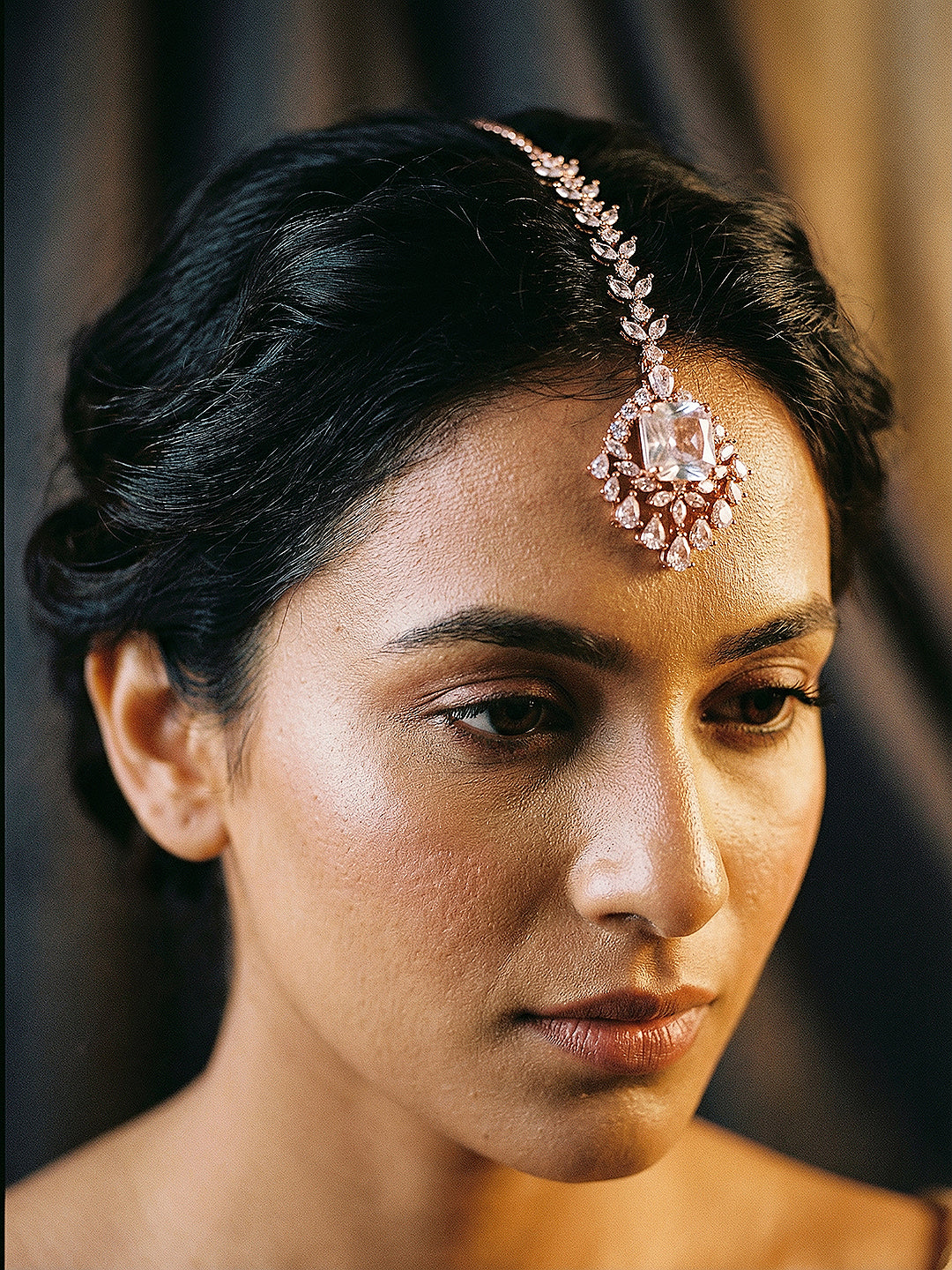 Rose Gold Plated White AD Zircon Studded Minimal Designer Mangtika