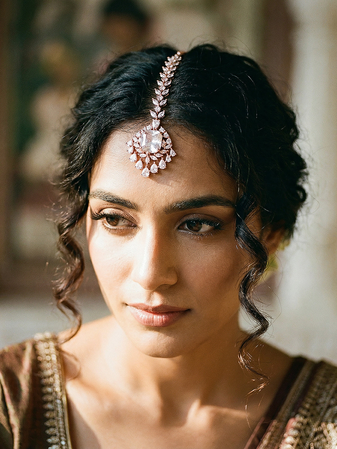 Rose Gold Plated White AD Zircon Studded Minimal Designer Mangtika
