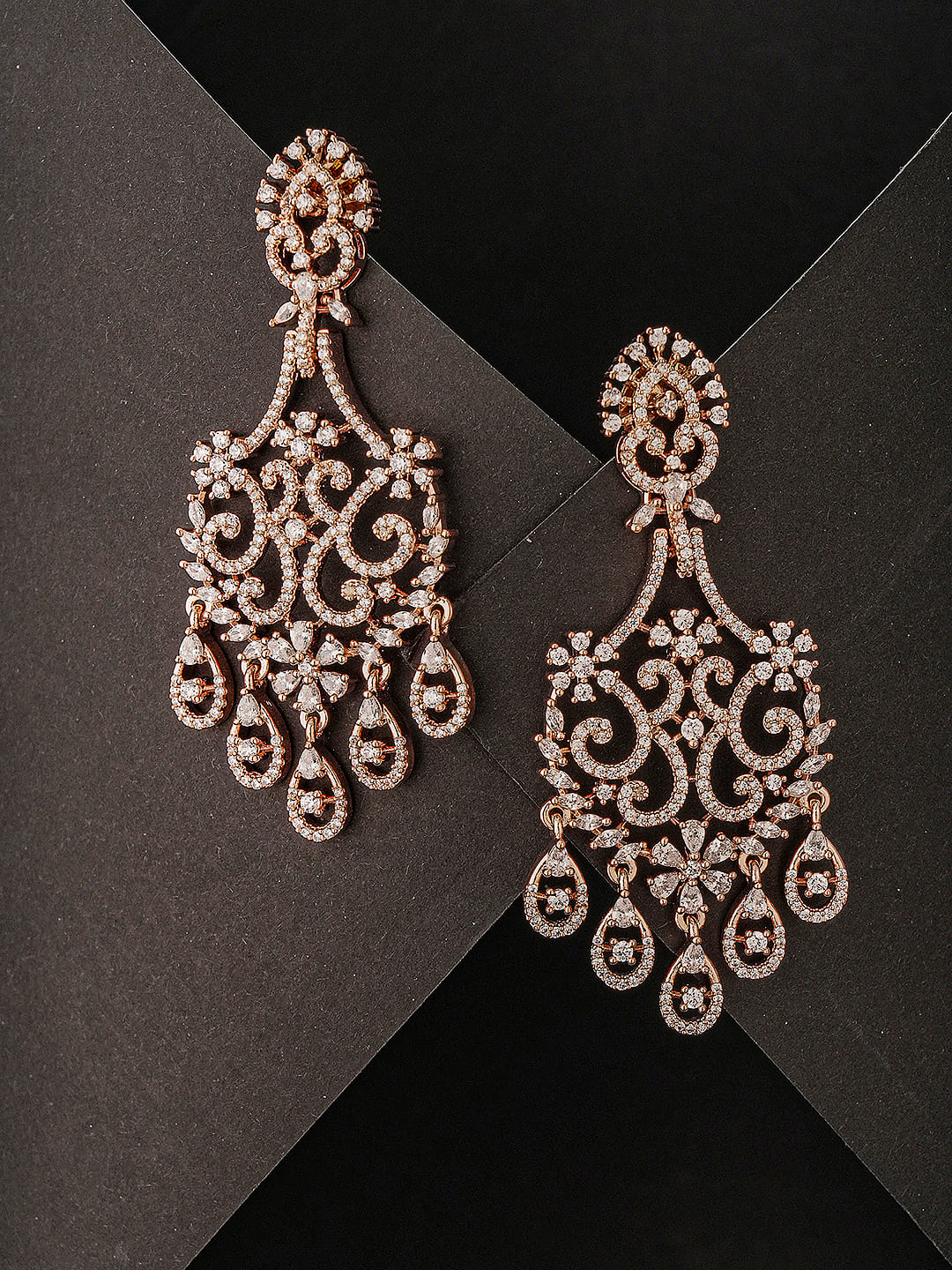 Rose Gold Toned AD Zirconia Studded Contemporary  Floral Chandbali Earrings