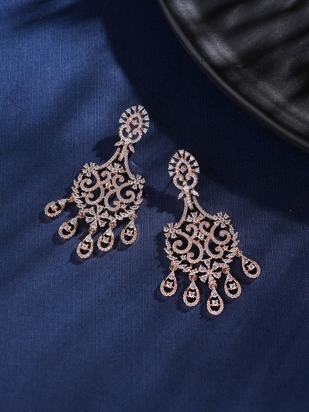 Rose Gold Toned AD Zirconia Studded Contemporary  Floral Chandbali Earrings