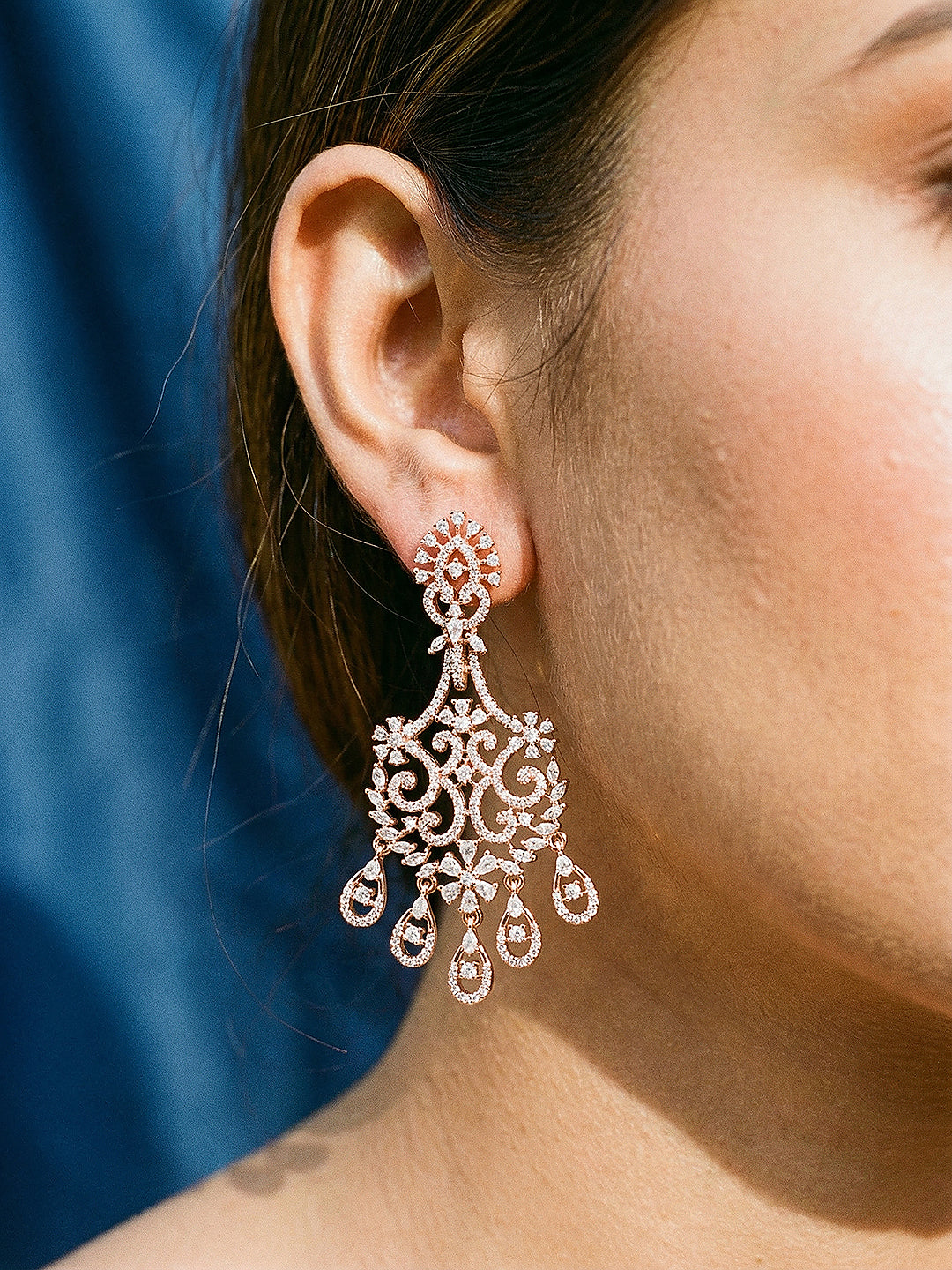 Rose Gold Toned AD Zirconia Studded Contemporary  Floral Chandbali Earrings