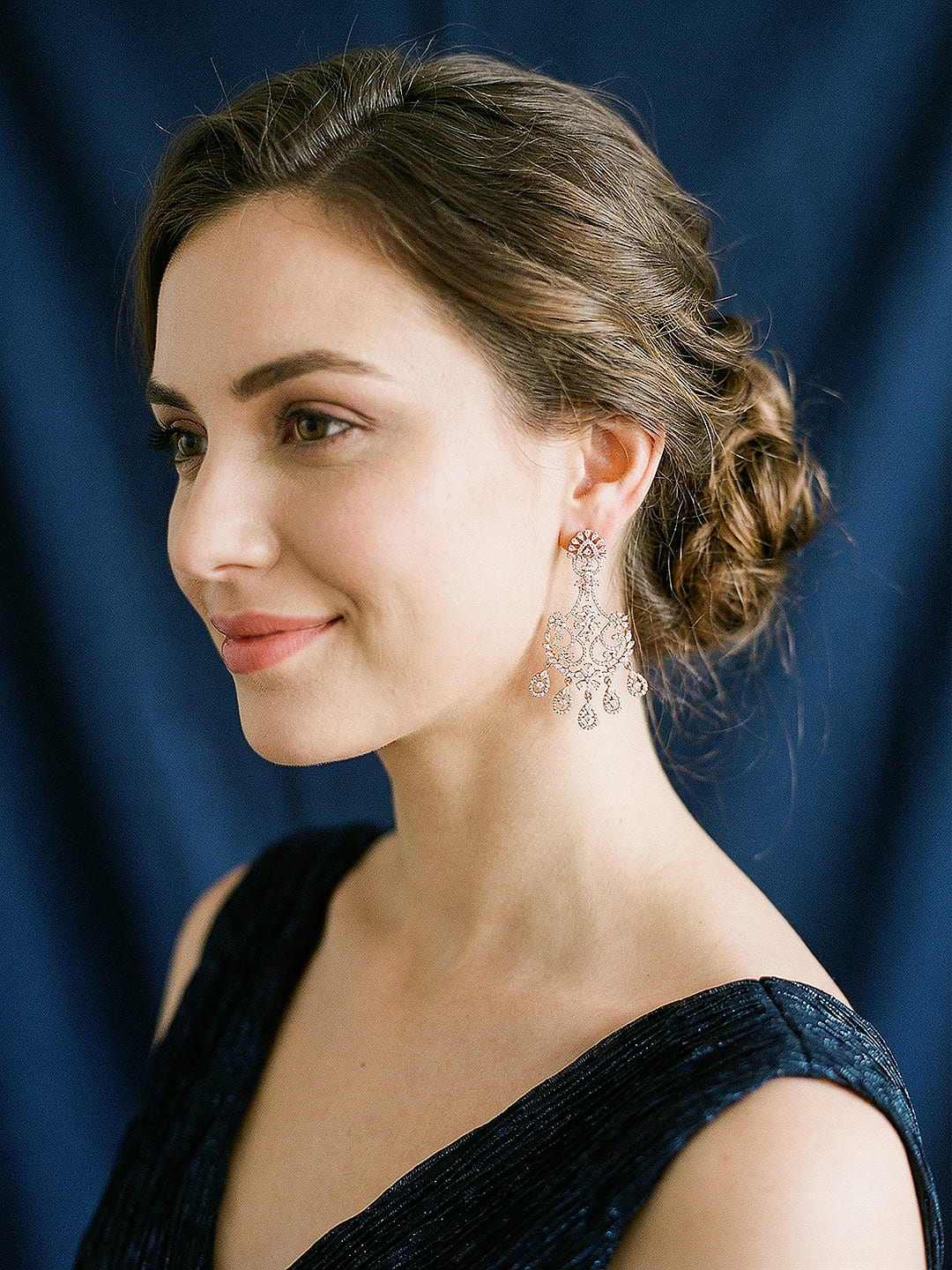 Rose Gold Toned AD Zirconia Studded Contemporary  Floral Chandbali Earrings