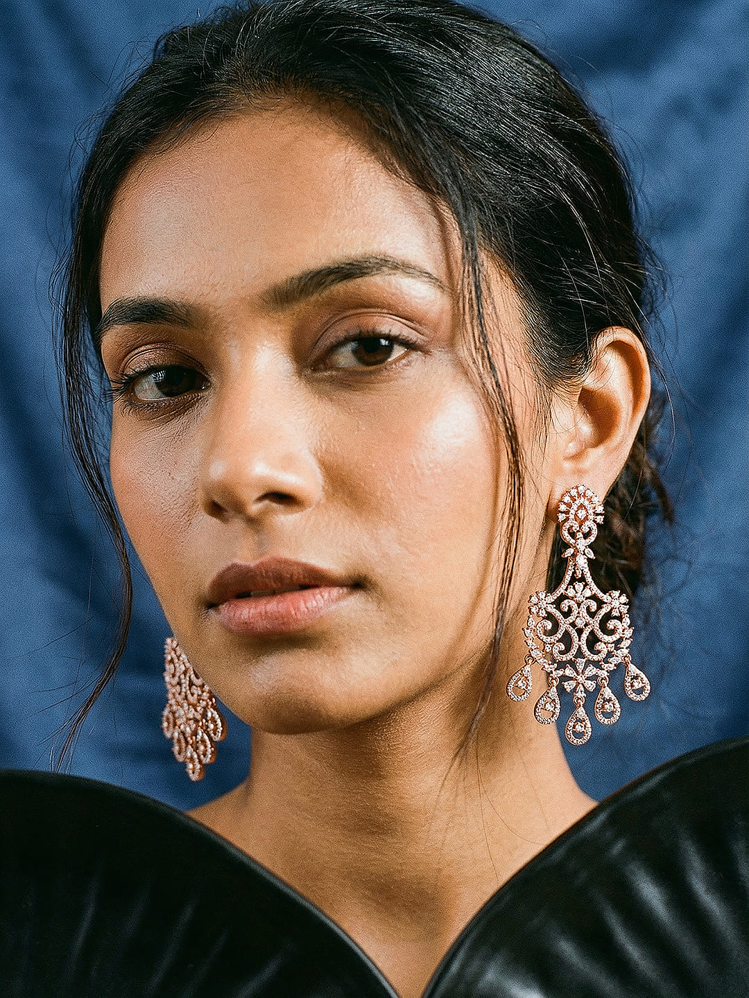 Rose Gold Toned AD Zirconia Studded Contemporary  Floral Chandbali Earrings