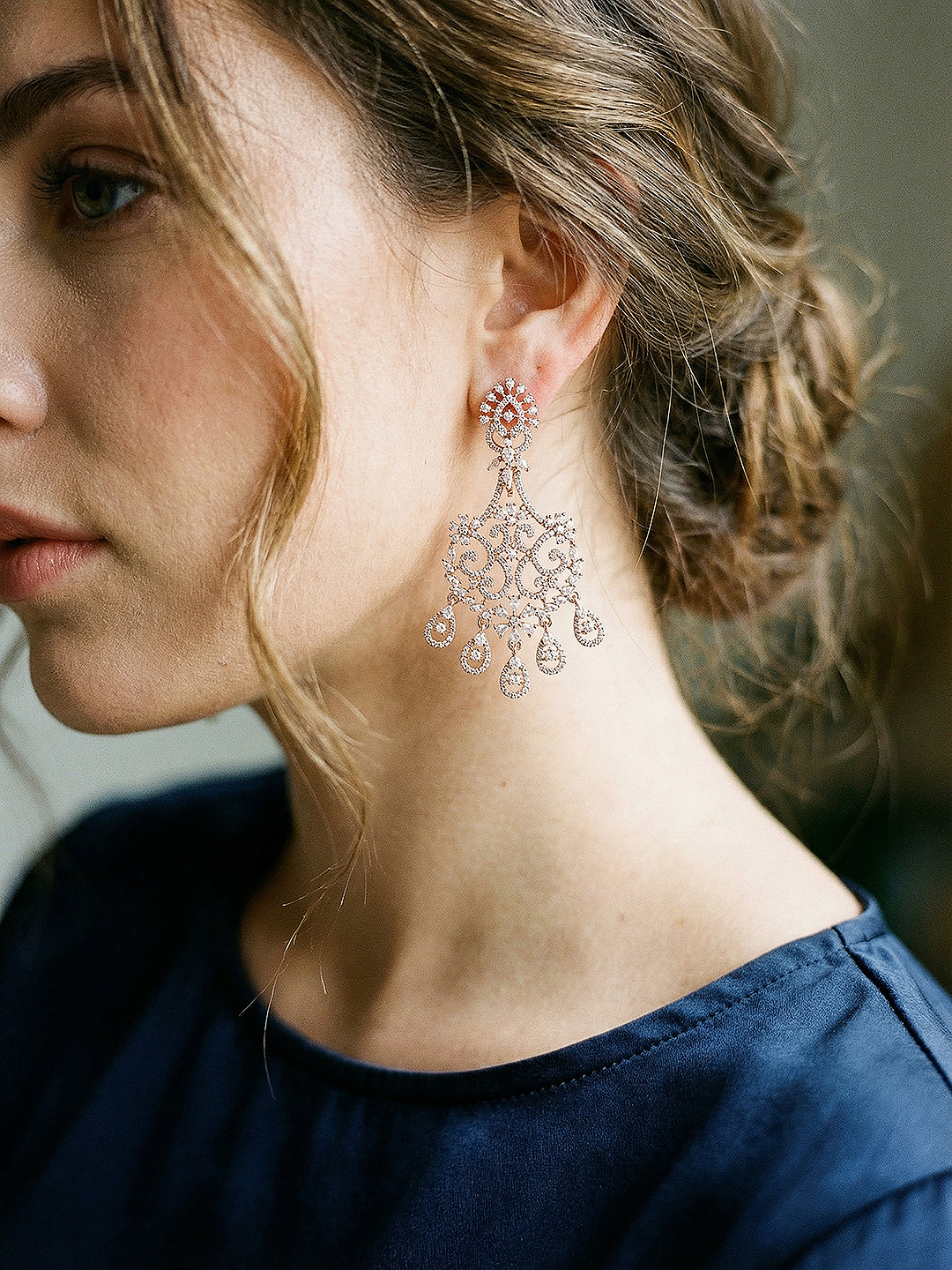 Rose Gold Toned AD Zirconia Studded Contemporary  Floral Chandbali Earrings