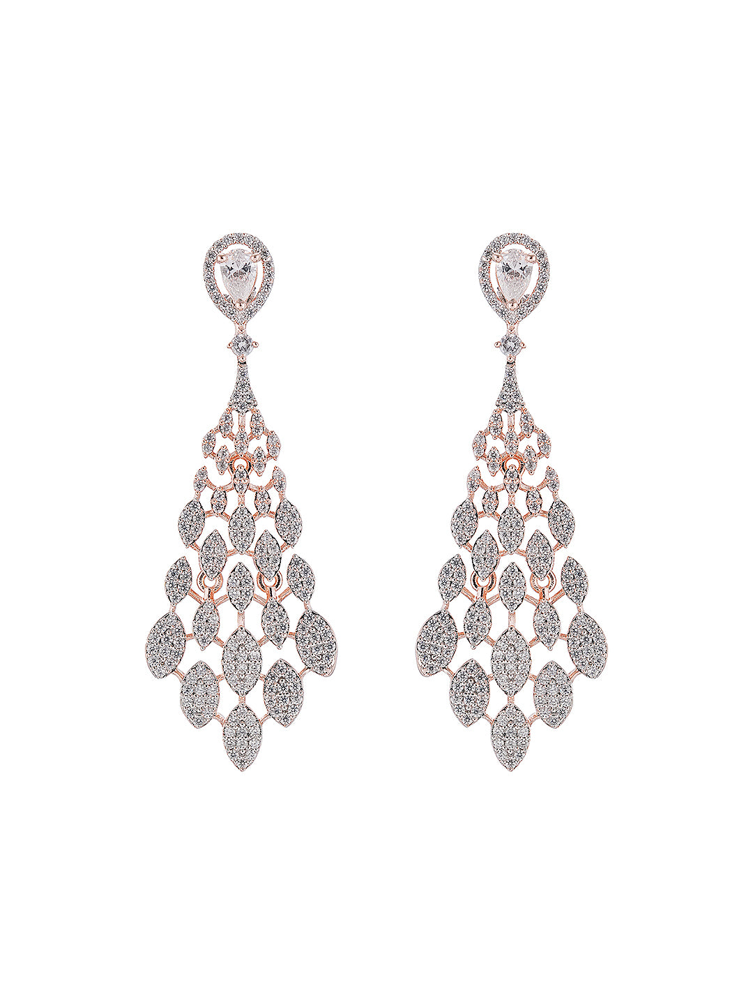 Rose Gold Plated AD Zircon Studded Delicate Dropdown Chandelier Earrings