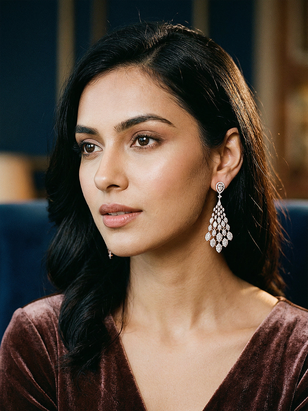 Rose Gold Plated AD Zircon Studded Delicate Dropdown Chandelier Earrings