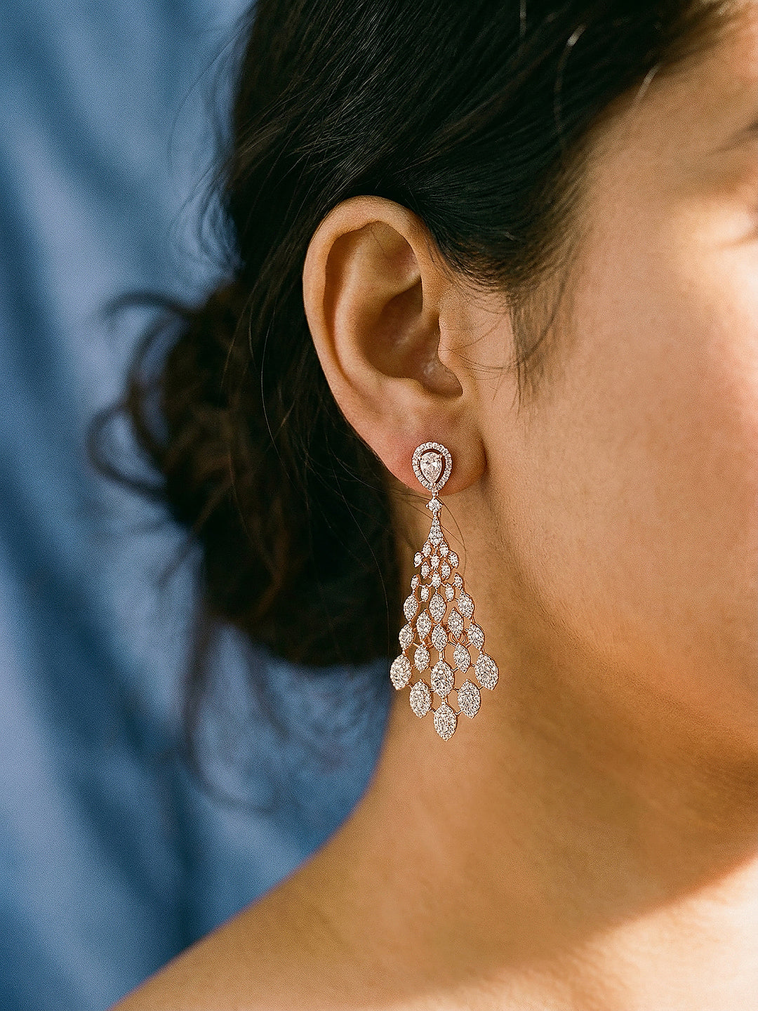 Rose Gold Plated AD Zircon Studded Delicate Dropdown Chandelier Earrings