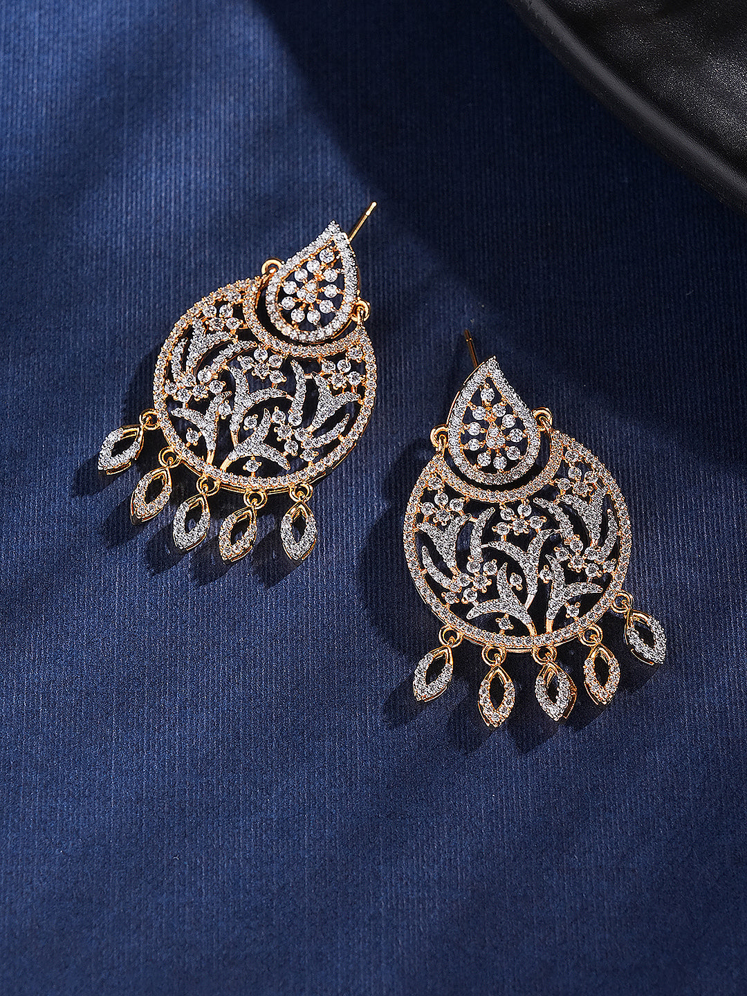 Gold Toned AD Zirconia Contemporary Designer Mango  Chandbali Earrings