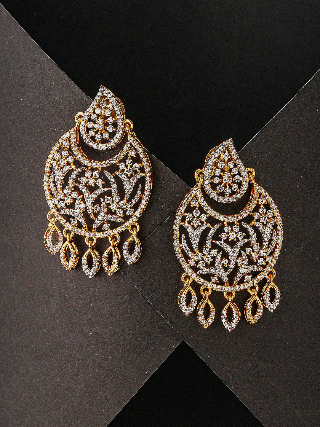 Gold Toned AD Zirconia Contemporary Designer Mango  Chandbali Earrings