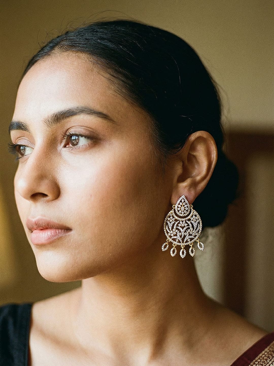 Gold Toned AD Zirconia Contemporary Designer Mango  Chandbali Earrings