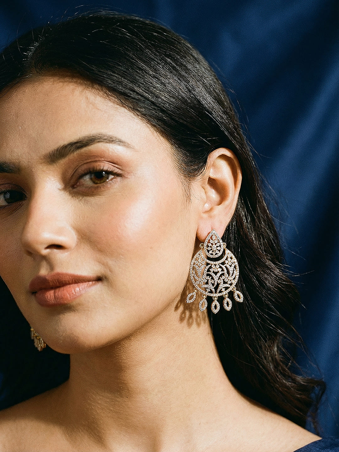 Gold Toned AD Zirconia Contemporary Designer Mango  Chandbali Earrings