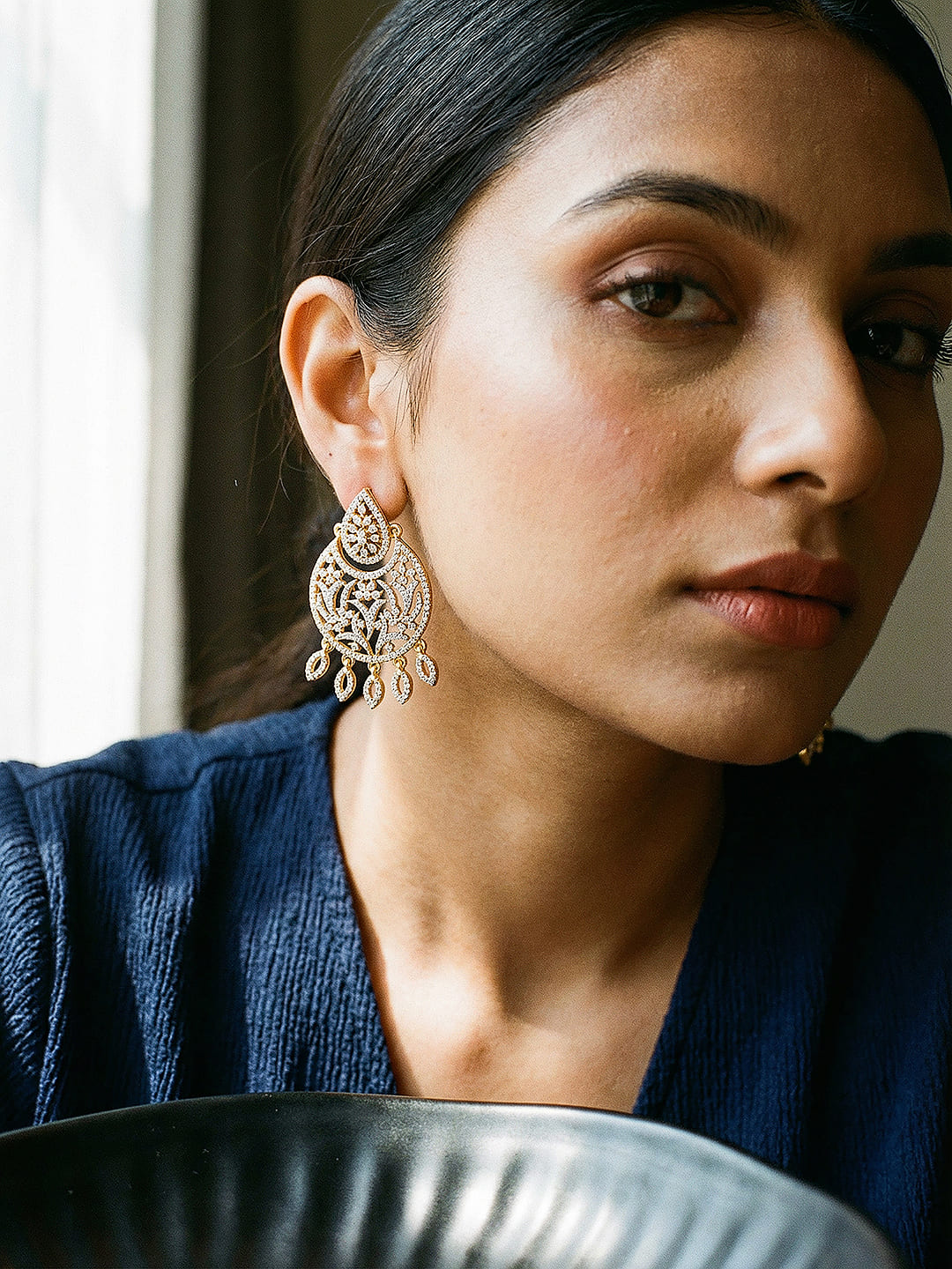 Gold Toned AD Zirconia Contemporary Designer Mango  Chandbali Earrings