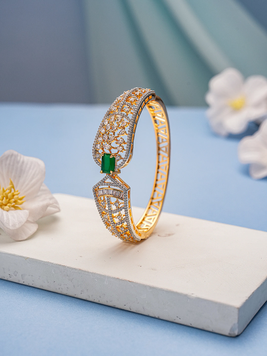 Gold Toned Green AD Zircon Studded Designer Kada Bracelet