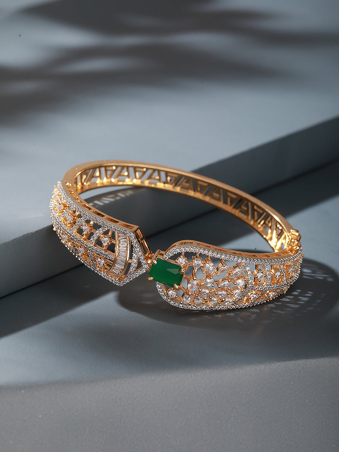 Gold Toned Green AD Zircon Studded Designer Kada Bracelet