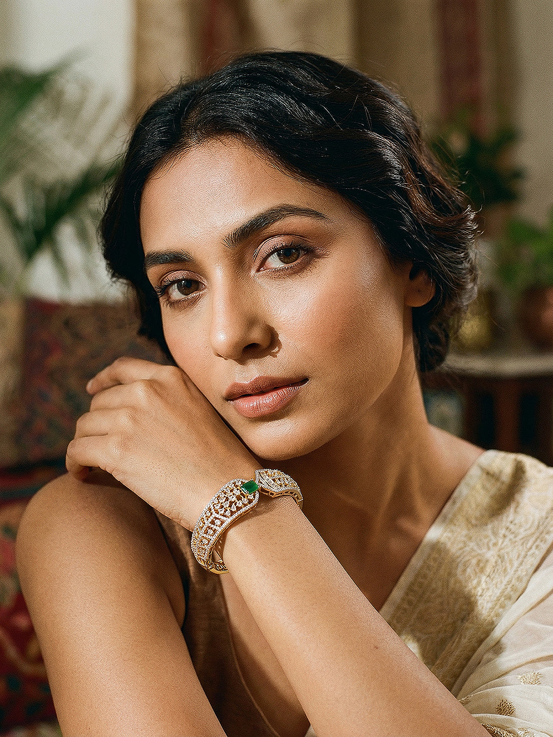 Gold Toned Green AD Zircon Studded Designer Kada Bracelet