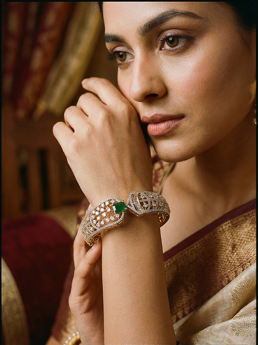 Gold Toned Green AD Zircon Studded Designer Kada Bracelet