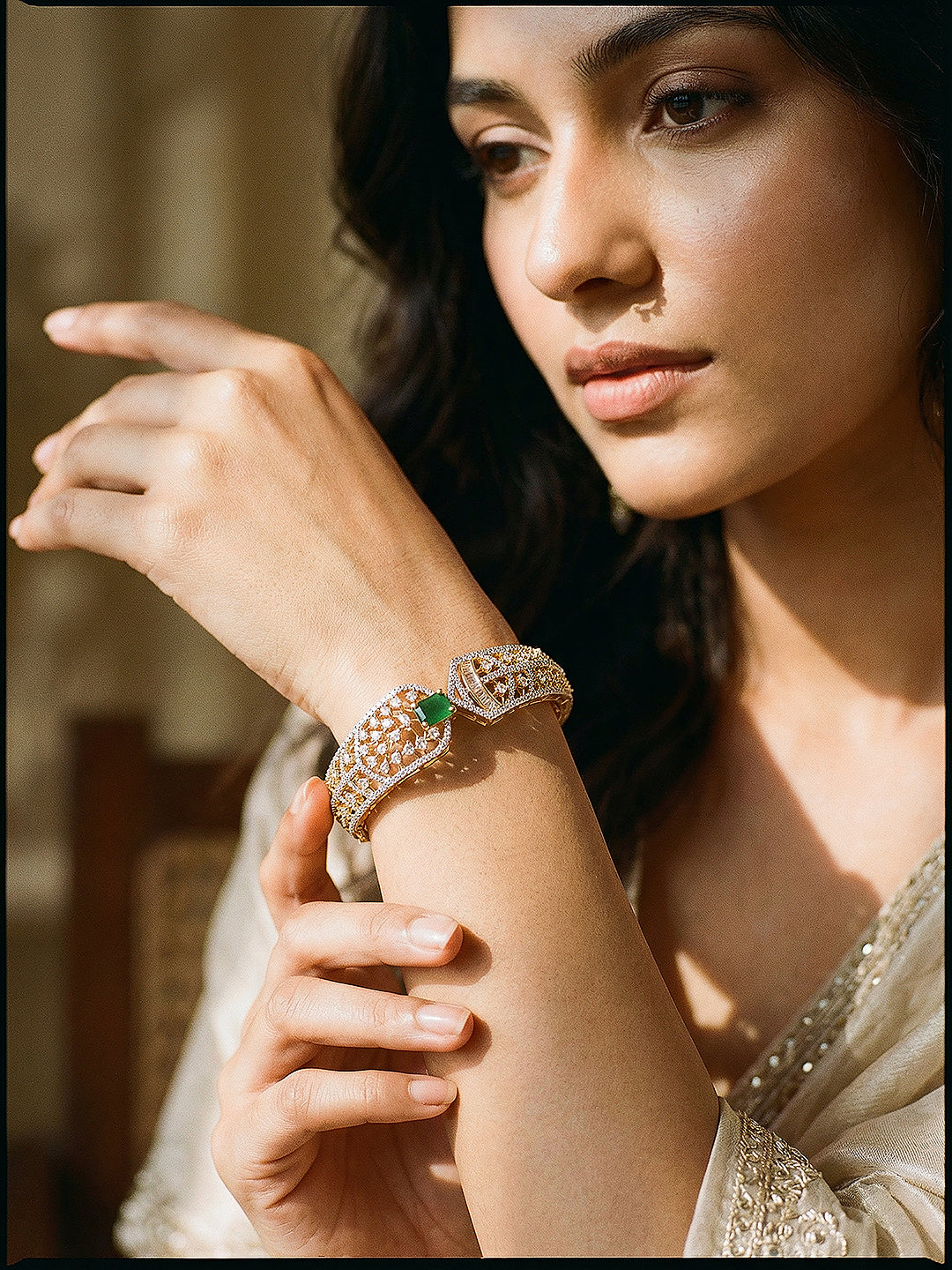 Gold Toned Green AD Zircon Studded Designer Kada Bracelet