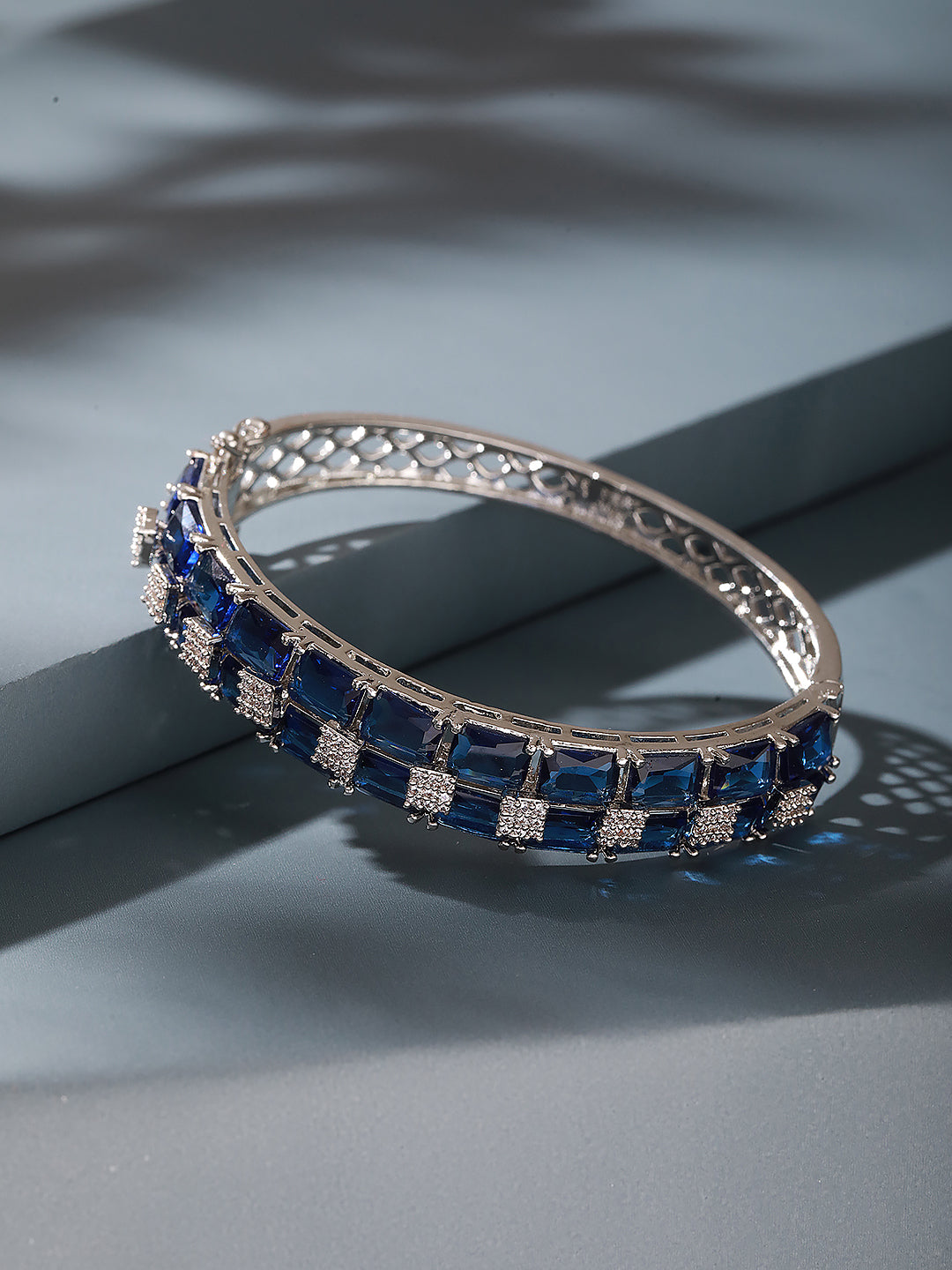 Silver Plated Blue Zircon Minimal Luxe Bridal Kada Bracelet