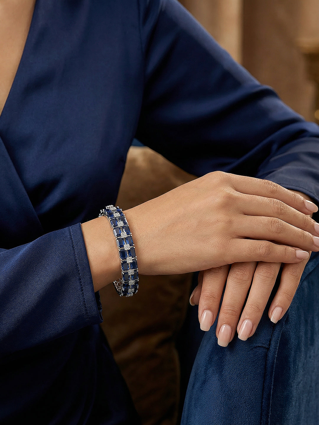 Silver Plated Blue Zircon Minimal Luxe Bridal Kada Bracelet