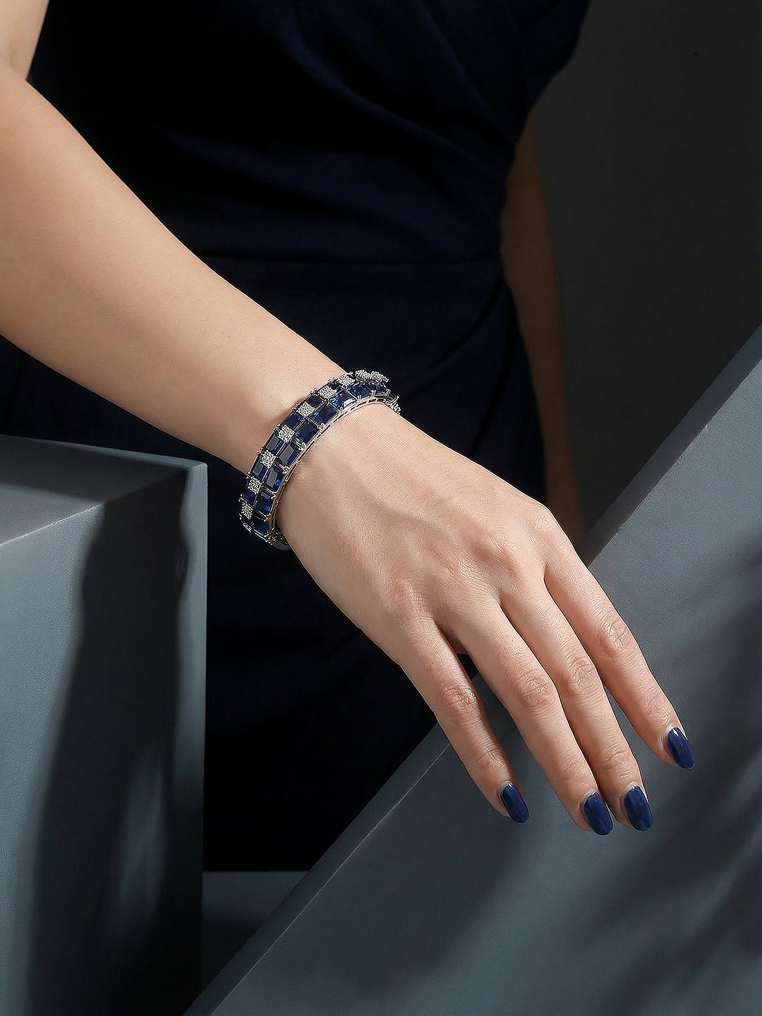 Silver Plated Blue Zircon Minimal Luxe Bridal Kada Bracelet