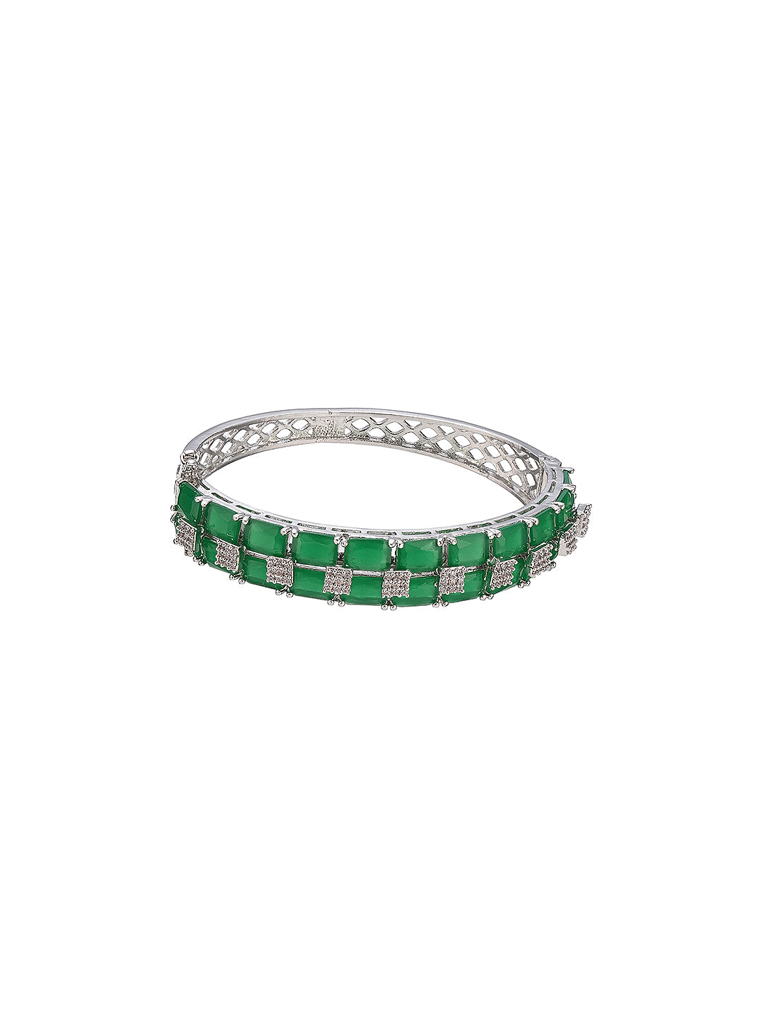 Silver Plated Green Emerald  Zircon Minimal Luxe Bridal Kada Bracelet