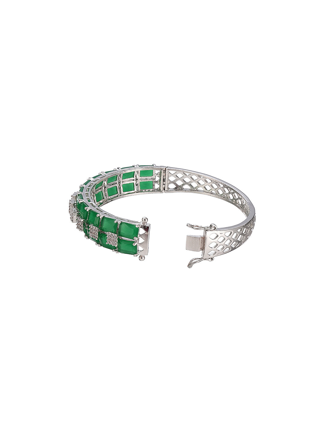 Silver Plated Green Emerald  Zircon Minimal Luxe Bridal Kada Bracelet
