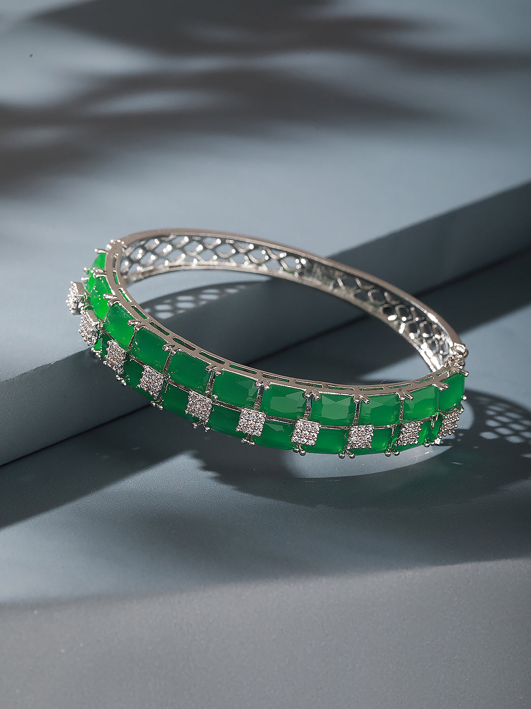 Silver Plated Green Emerald  Zircon Minimal Luxe Bridal Kada Bracelet