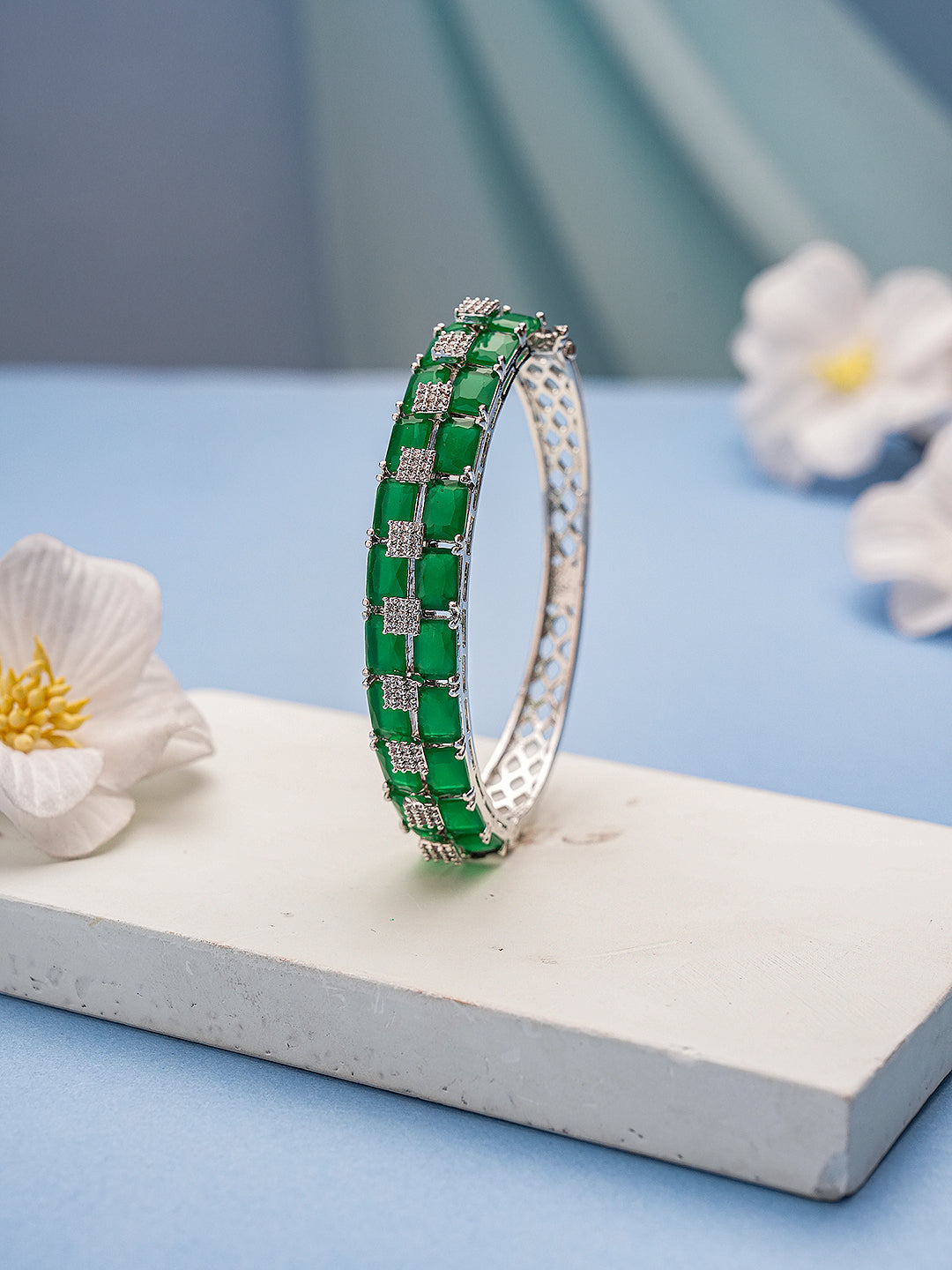 Silver Plated Green Emerald  Zircon Minimal Luxe Bridal Kada Bracelet