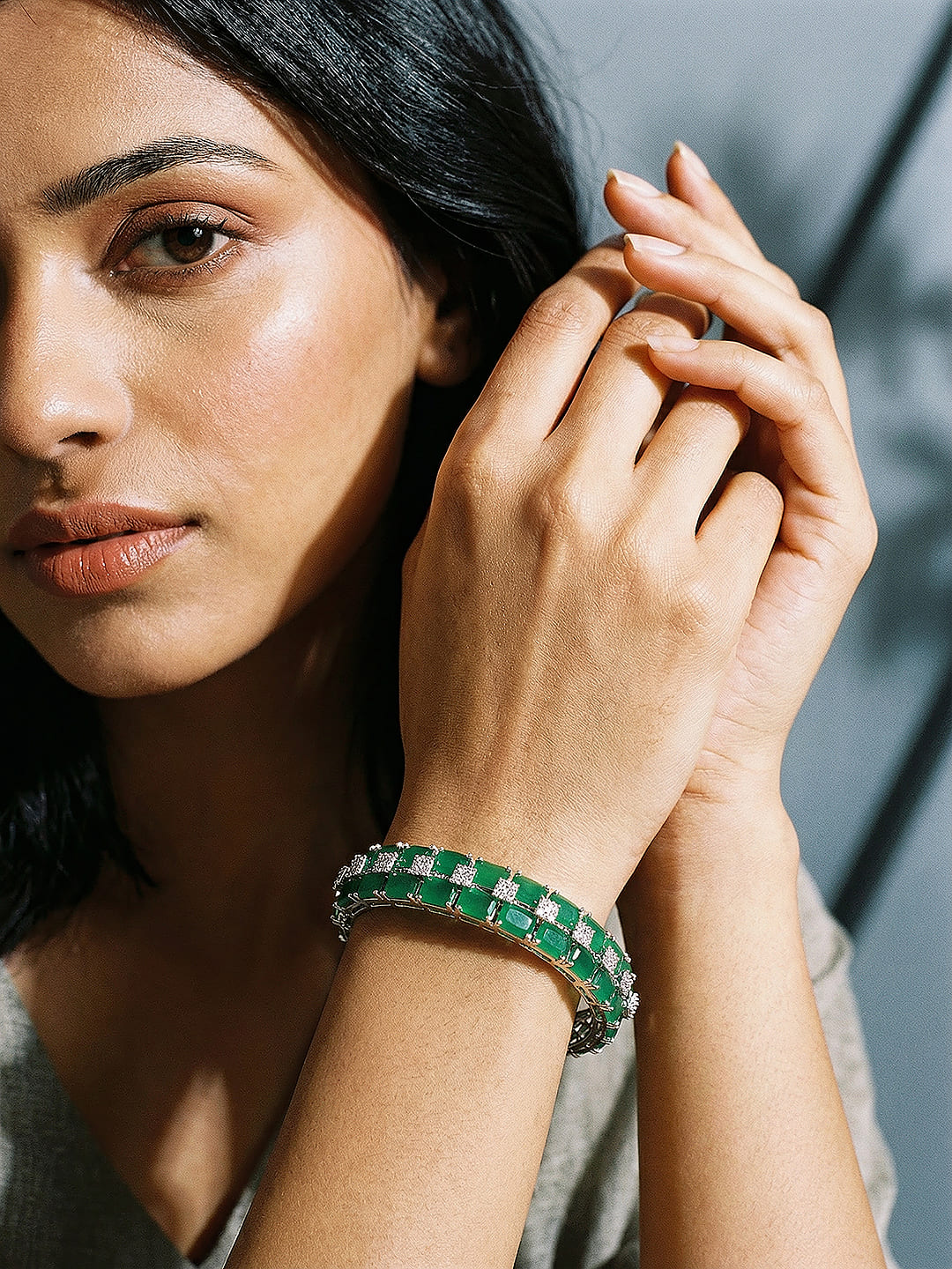 Silver Plated Green Emerald  Zircon Minimal Luxe Bridal Kada Bracelet