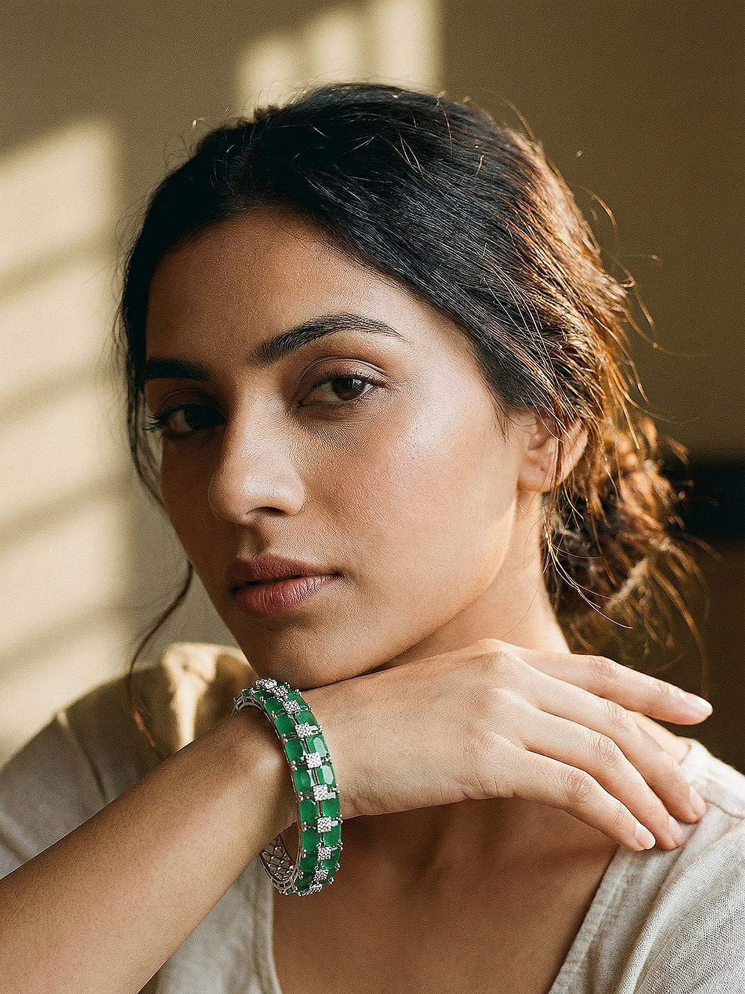 Silver Plated Green Emerald  Zircon Minimal Luxe Bridal Kada Bracelet