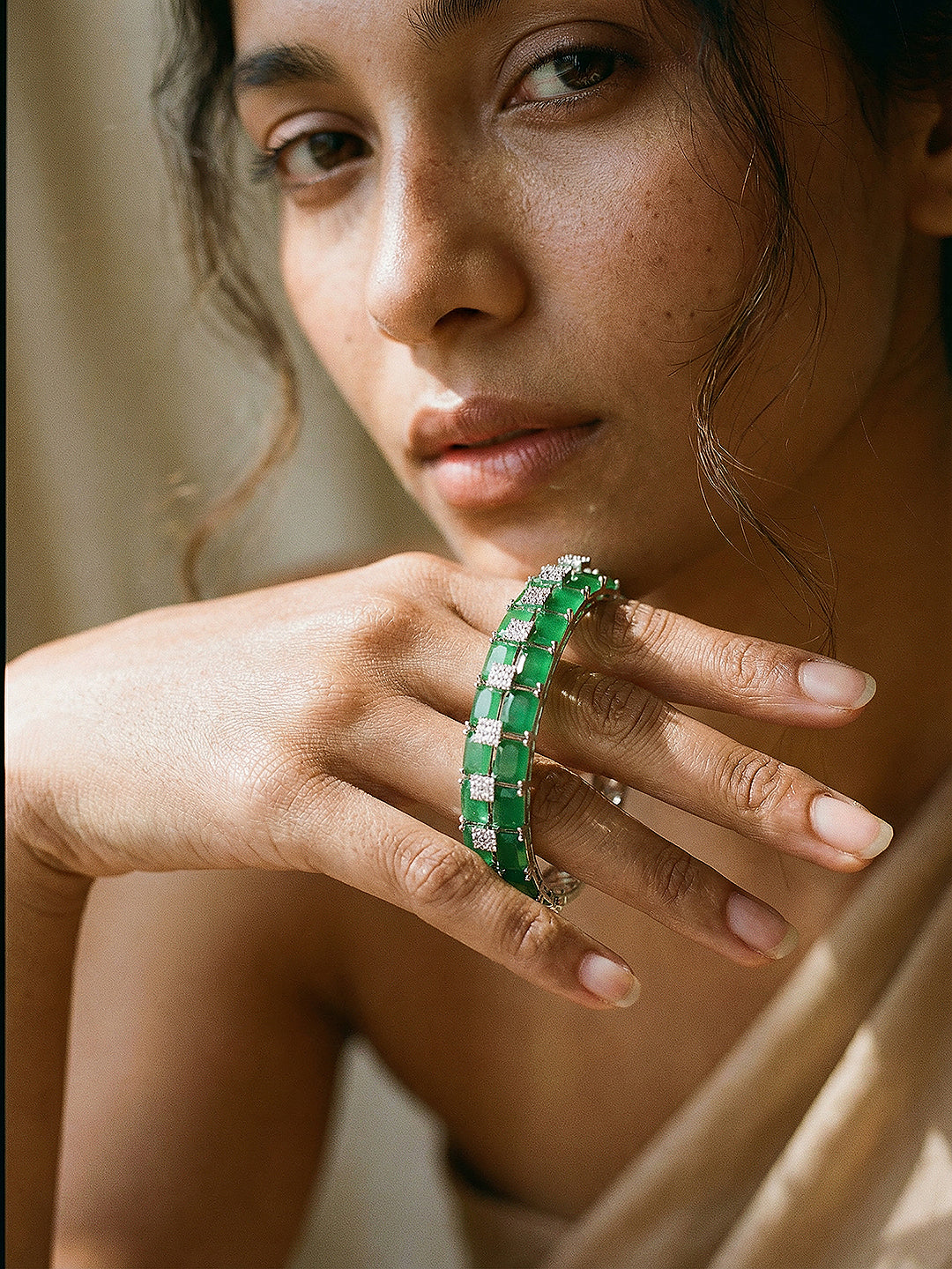 Silver Plated Green Emerald  Zircon Minimal Luxe Bridal Kada Bracelet