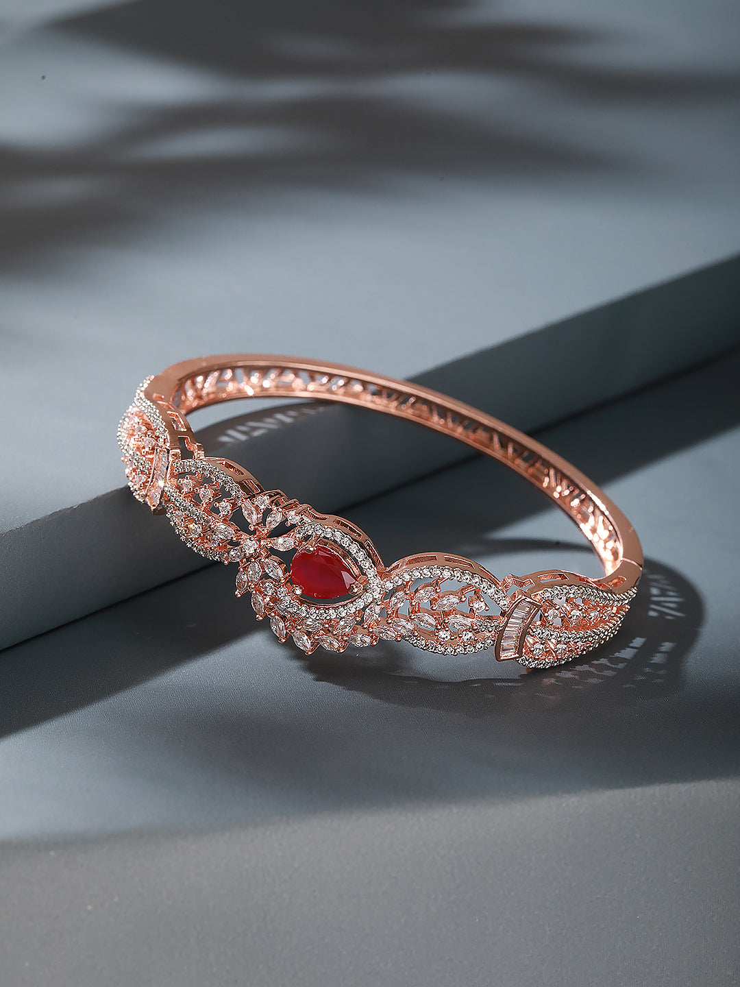 Rose Gold Plated Red Ruby AD Zircon Designer Quirky Kada Bracelet