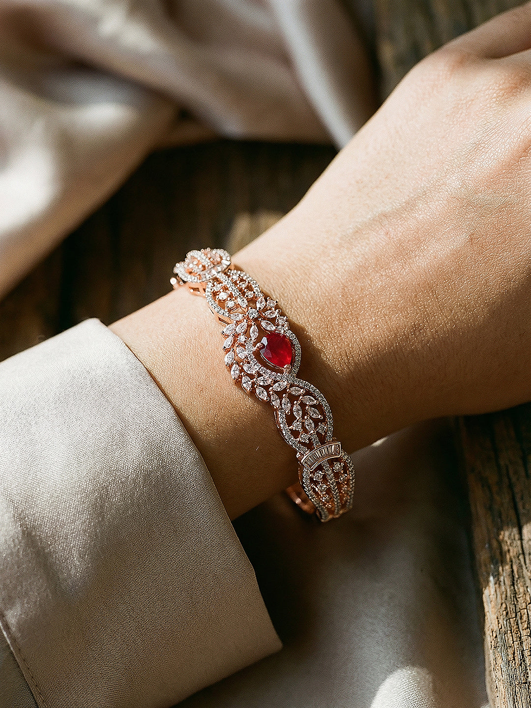 Rose Gold Plated Red Ruby AD Zircon Designer Quirky Kada Bracelet