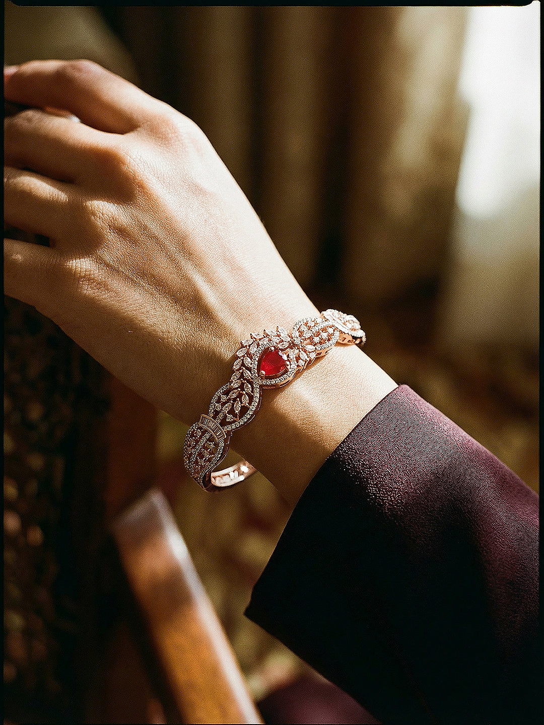 Rose Gold Plated Red Ruby AD Zircon Designer Quirky Kada Bracelet