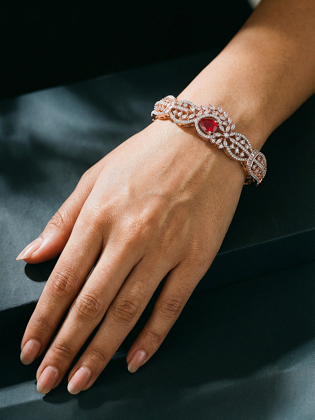 Rose Gold Plated Red Ruby AD Zircon Designer Quirky Kada Bracelet