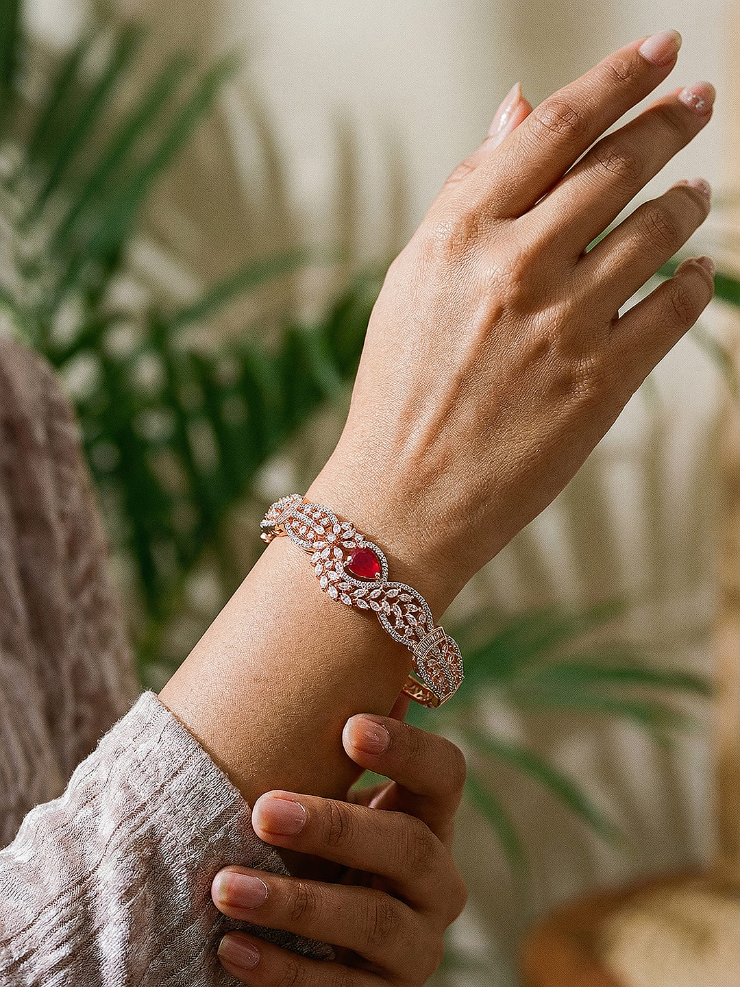 Rose Gold Plated Red Ruby AD Zircon Designer Quirky Kada Bracelet