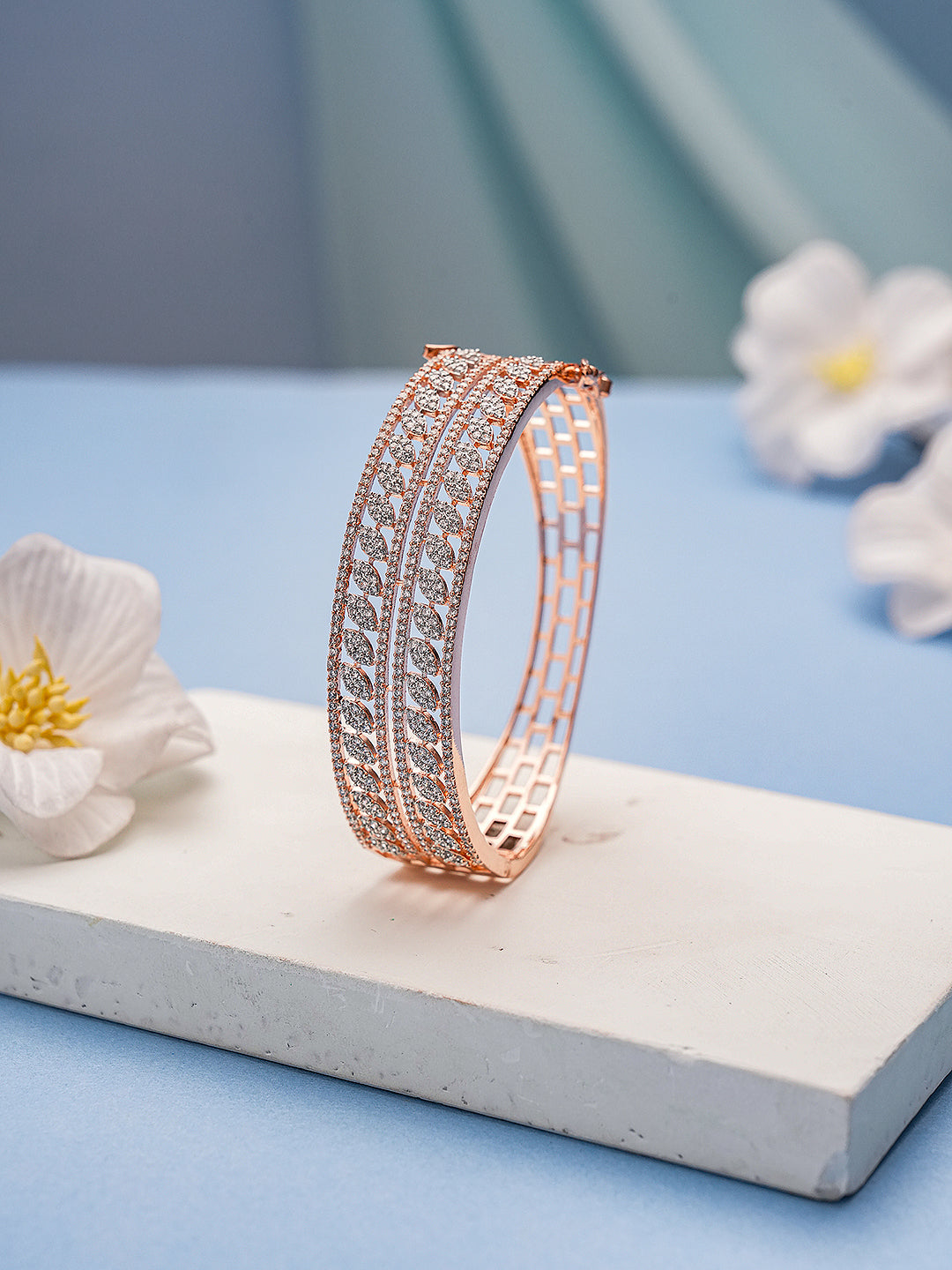 Rose Gold Plated White AD Zirconia Statement Bridal Bangle Bracelet