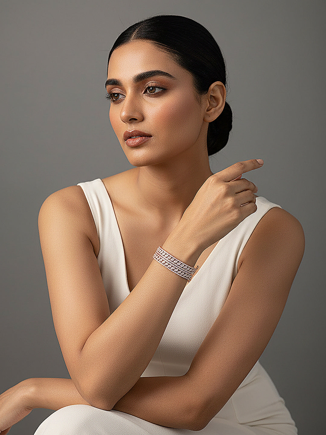 Rose Gold Plated White AD Zirconia Statement Bridal Bangle Bracelet