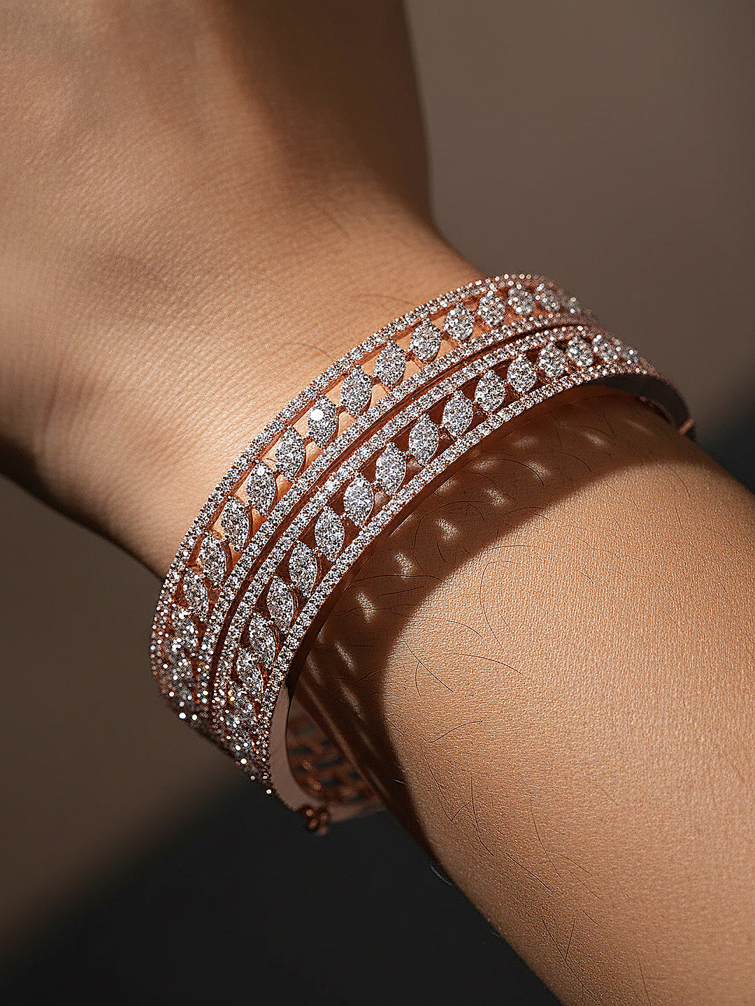 Rose Gold Plated White AD Zirconia Statement Bridal Bangle Bracelet