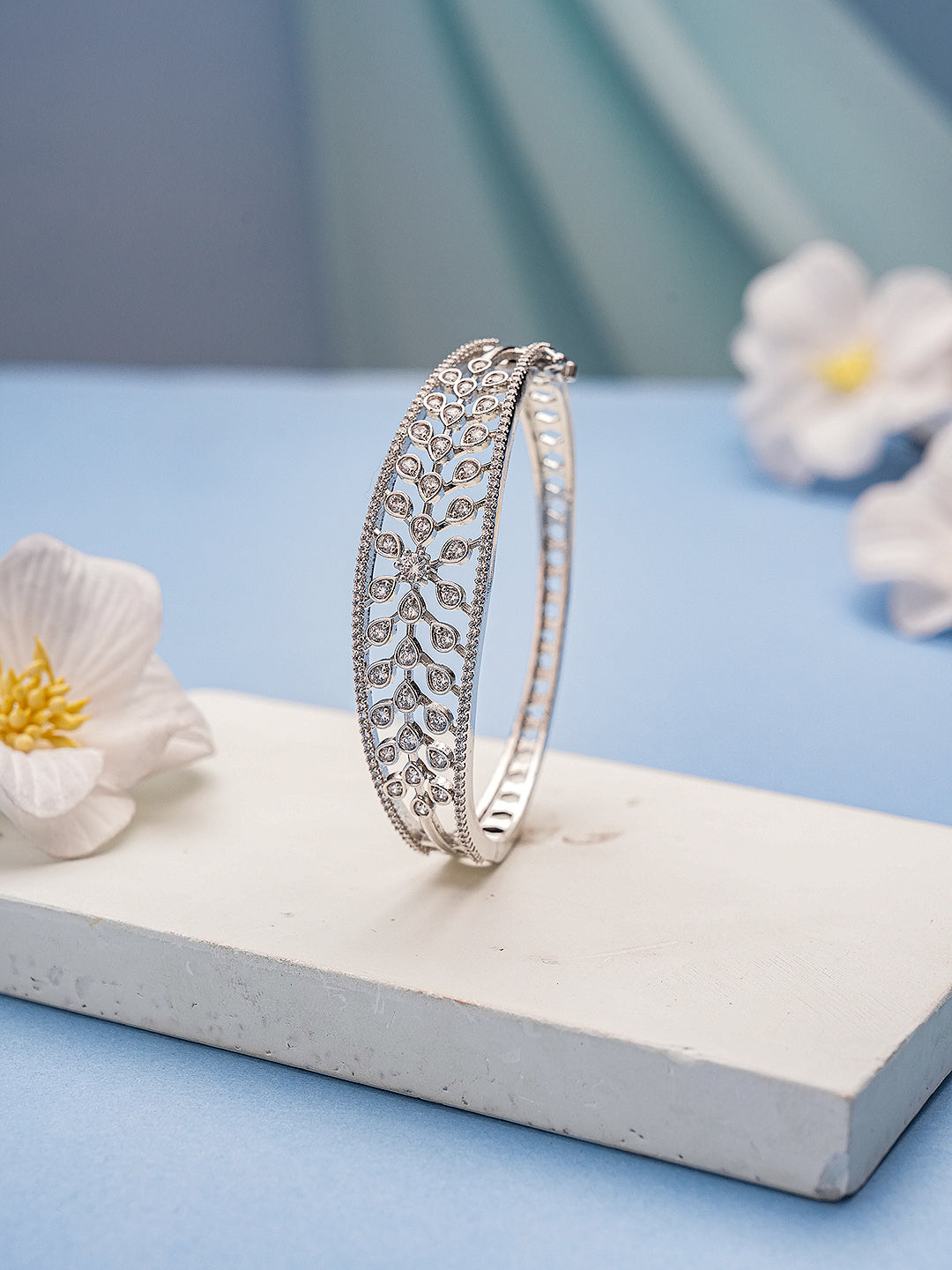 Silver Plated AD Cubic Zirconia Studded Luxe Bangle Bracelet