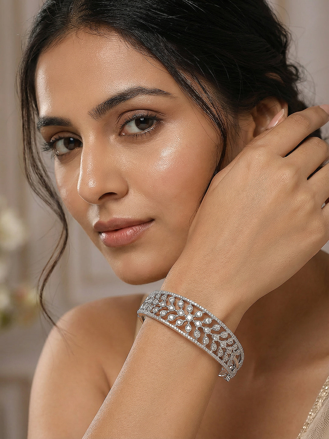 Silver Plated AD Cubic Zirconia Studded Luxe Bangle Bracelet