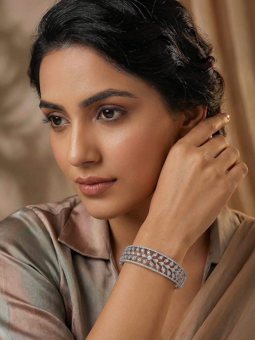 Silver Plated AD Cubic Zirconia Studded Luxe Bangle Bracelet