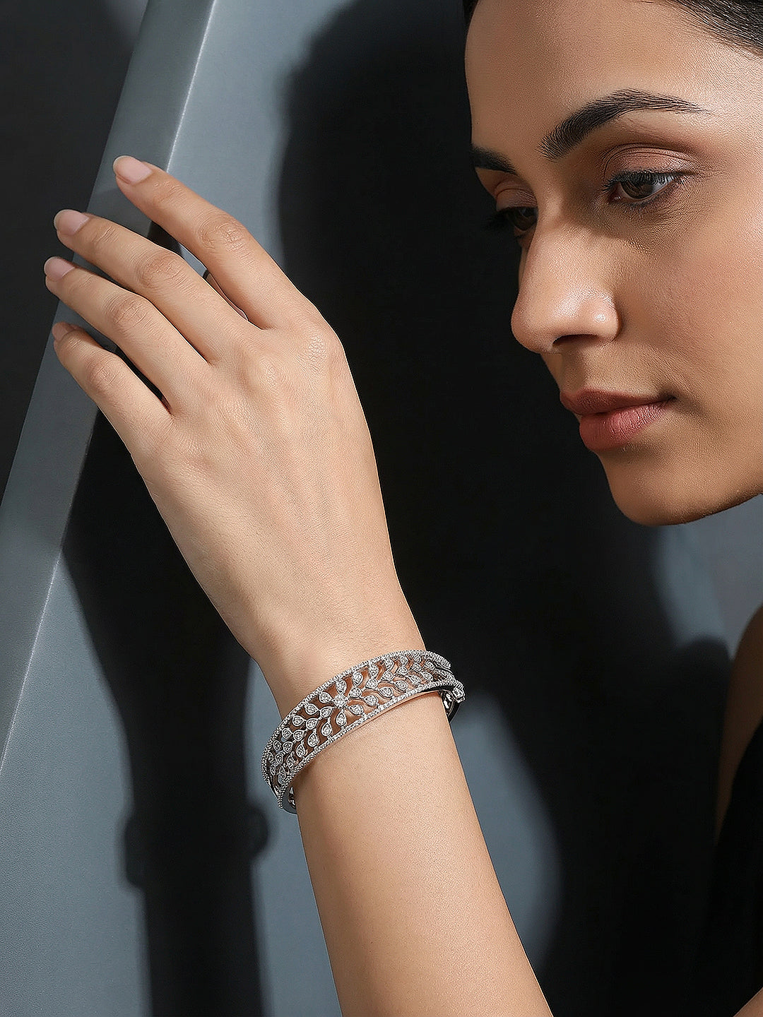 Silver Plated AD Cubic Zirconia Studded Luxe Bangle Bracelet