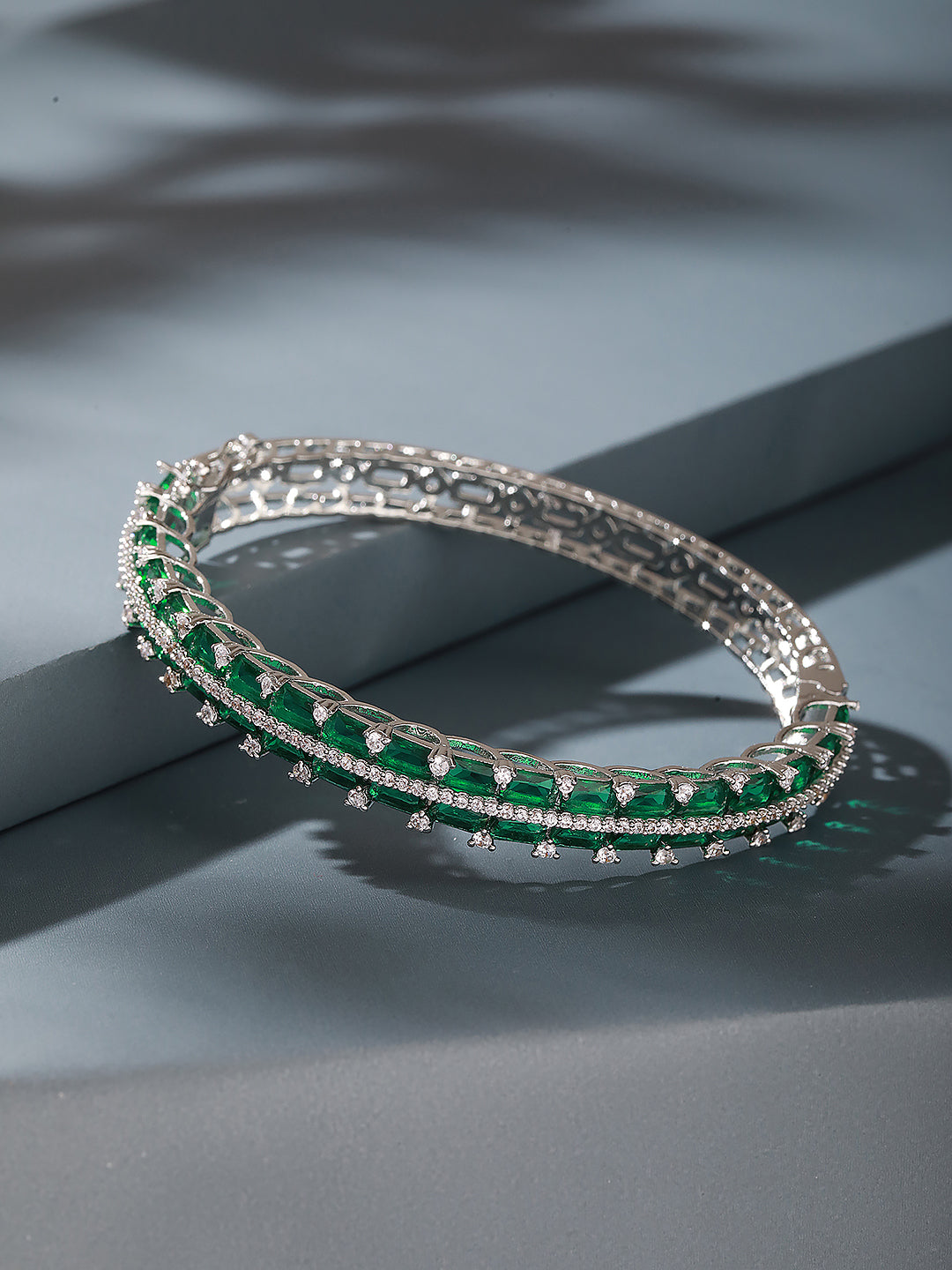 Silver Plated Emeral Green AD Zircon Statement Minimal Bridal Bangle Bracelet