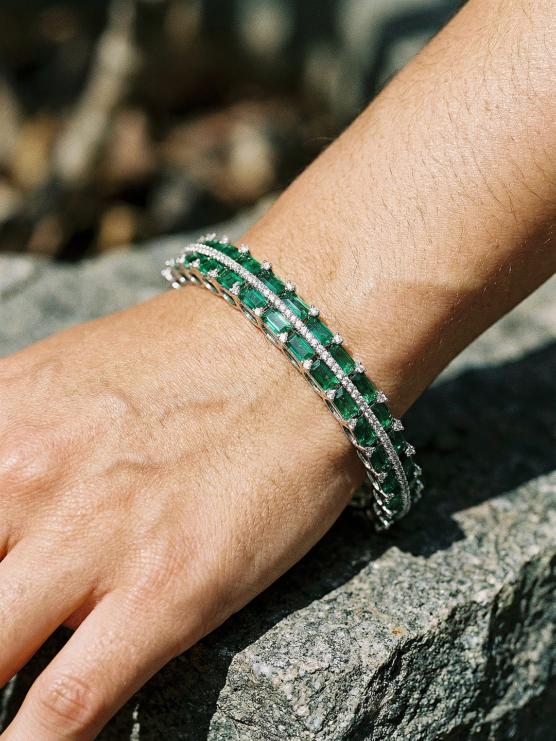 Silver Plated Emeral Green AD Zircon Statement Minimal Bridal Bangle Bracelet