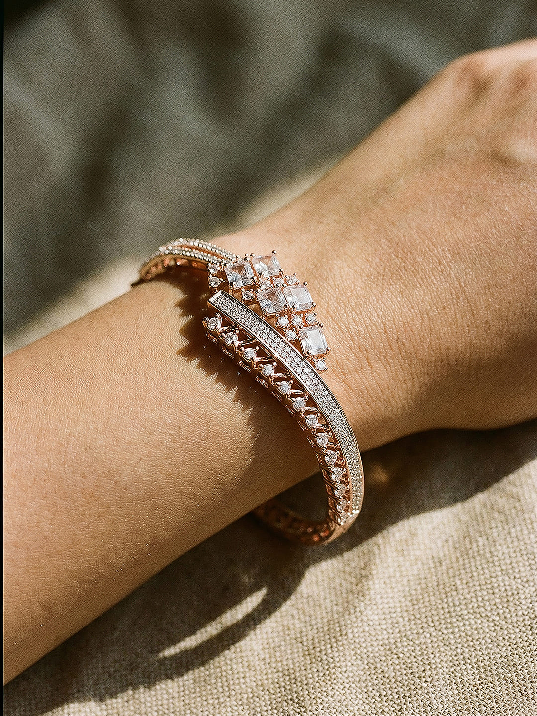 Rose Gold Toned AD Studded Quirky Statement Bangle Bracelet