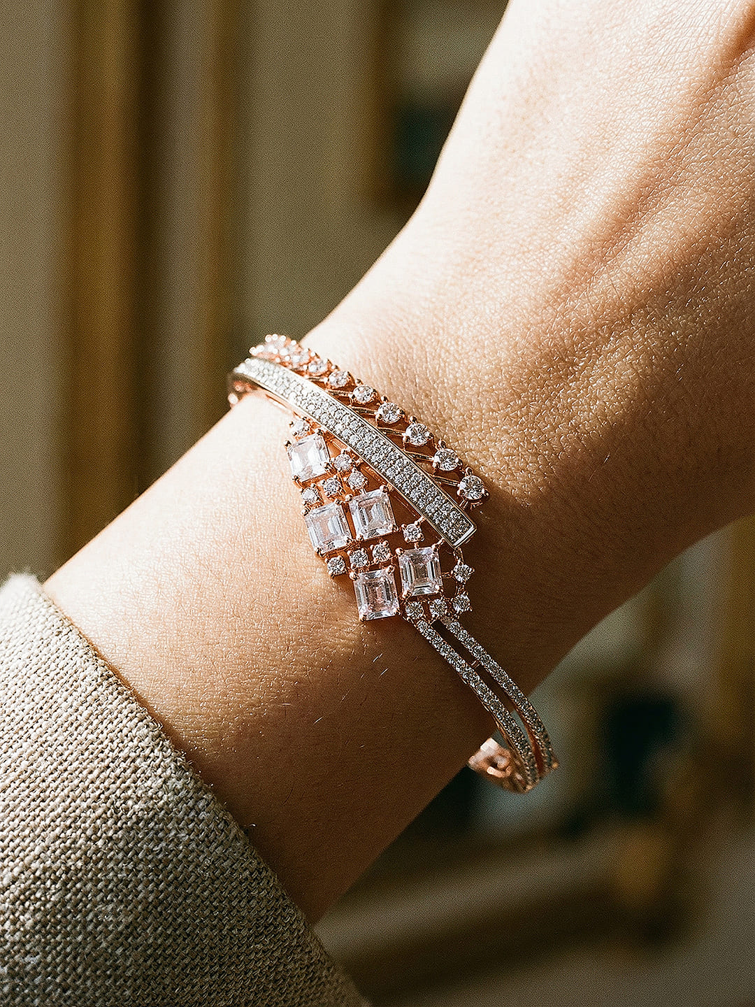 Rose Gold Toned AD Studded Quirky Statement Bangle Bracelet