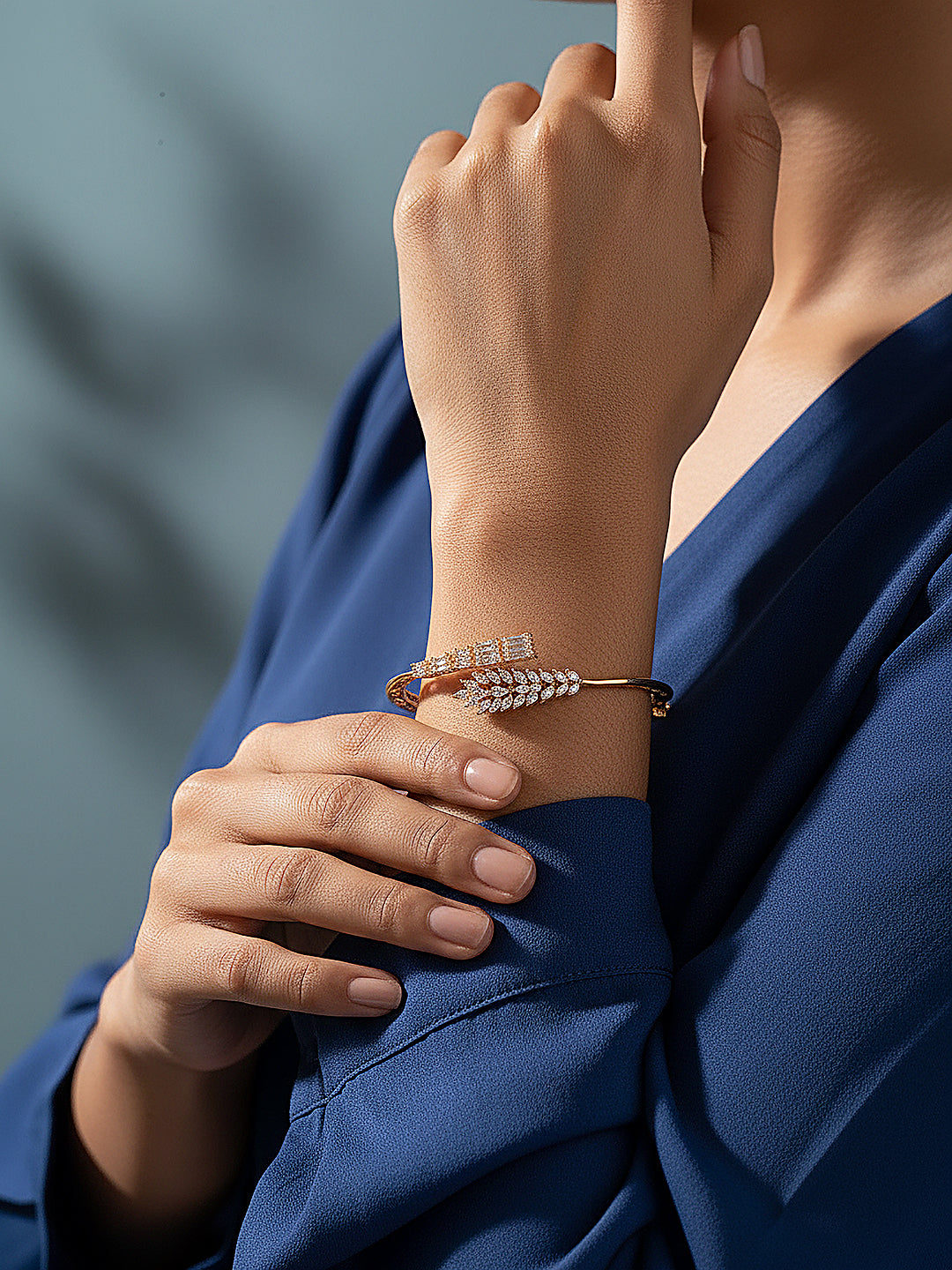 Gold Plated Cubic Zirconia Studded Leafy Minimal Bangle Bracelet